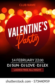 Vector valentine party poster or flyer design template. Valentine party greeting illustration night. Disco club dance event.