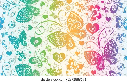 Vector Valentine rainbow seamless pattern with hearts and butterflies on white background. 