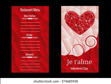 Vector valentine restaurant brochure, menu design. Valentine's day invitation flyer. Je t'aime - I love you