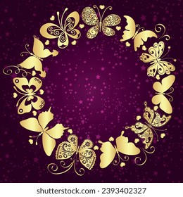 Vector valentine round frame with golden butterflies and stars on a purple gradient background, 