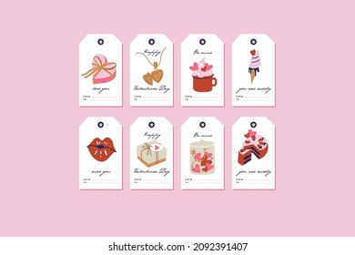 Vector Valentine s template tags for gift and presents with attributes and love symbols. White color romantic labels.