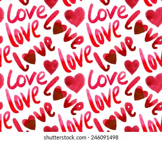 Vector Valentine Seamless Hearts & Love pattern. Watercolor