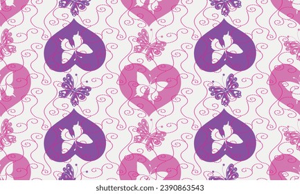 Vector Valentine seamless pattern with colorful hearts and butterflies and curls on white