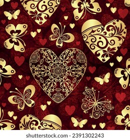 Vector Valentine seamless pattern with golden butterflies and hearts on a purple old paper