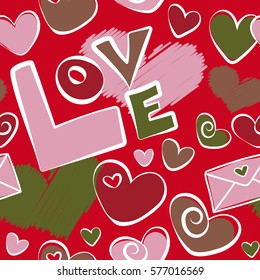 Vector Valentine seamless pattern with hearts in red and green colors. Perfect for wallpaper, web page, textile, greeting cards and wedding invitations. Doodle elements.
