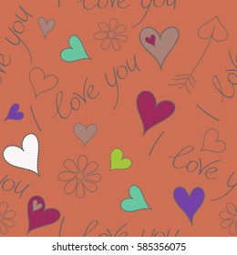 Vector Valentine seamless pattern with hearts, flower and I love you text in green and violet colors. Perfect for wallpaper, web page, textile, greeting cards and wedding invitations. Doodle elements.
