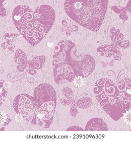 Vector Valentine seamless pattern with pink hearts and butterflies and curls on rose