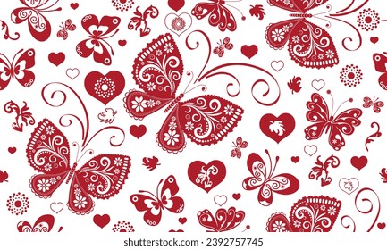 Vector Valentine seamless pattern with red hearts and butterflies on transparent background. Monochrome
