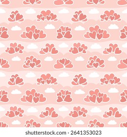 Vector valentine seamless pattern of romantic hearts and clouds in soft pink