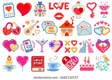 Vector valentine set with colorful illustrations, lovely romantic icons with vibrant colors isolated on white background.
