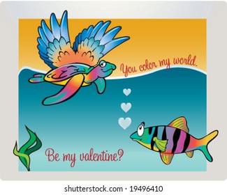 vector valentine with sky turtle and fish