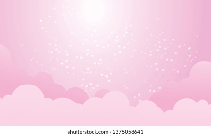 Tema vectorial valentino con corazones en fondo de cielo rosa.