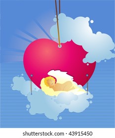 Vector Valentine's angel with wings, sleeping on a cloud with heart