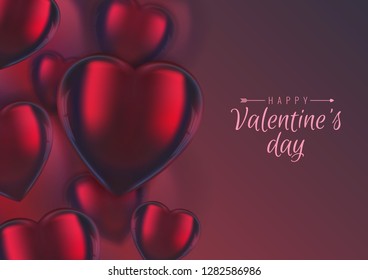 Vector Valentine's background, 3d realistic elegant red glass hearts on colorful backdrop. Greeting card, banner, copy space, place for text.