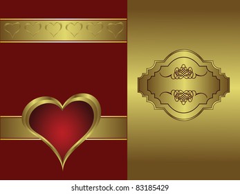 Un fondo vectorial con un fondo vectorial   corazón dorado sobre un fondo rojo profundo con una placa dorada y espacio para texto