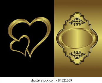 Un fondo vectorial con un fondo vectorial   corazón dorado sobre un fondo negro con una placa dorada y espacio para texto