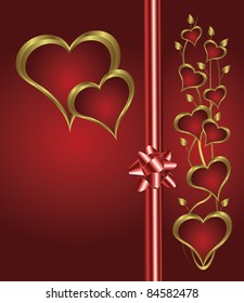 Un fondo vectorial valentina con corazones dorados sobre un fondo rojo profundo con   espacio para texto