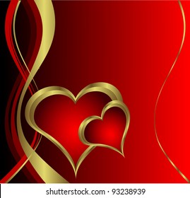 Un fondo vectorial valentina con corazones dorados sobre un fondo rojo profundo con   espacio para texto