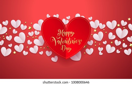 Vector Valentines background with romantic red paper cut heart pattern with gold calligraphy lettering text Valentine's Day for love concept. Wedding background template design