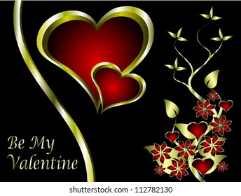 A vector valentines background with a series of  gold hearts on a deep red backdrop and a large central heart with room for text