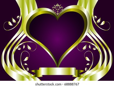 A vector valentines background with a series of  gold hearts on a deep purple backdrop