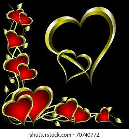 A vector valentines background with a series of  gold hearts on a deep red backdrop and a large central heart with room for text