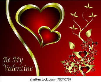 A vector valentines background with a series of  gold hearts on a deep red backdrop and a large central heart with room for text