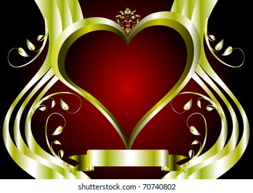 A vector valentines background with a series of  gold hearts on a deep red backdrop and a large central heart with room for text