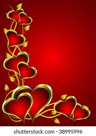 Un fondo vectorial valentina con una serie de corazones sobre un fondo rojo profundo con espacio para texto
