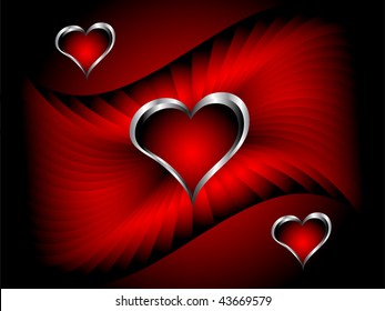 A vector valentines background with silver hearts on a deep red backdrop with room for text