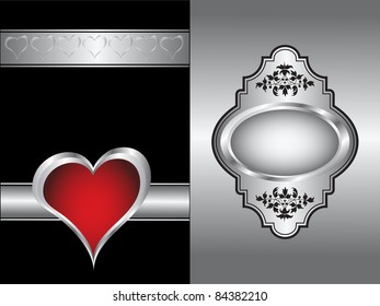 A vector valentines background with silver hearts on a black backdrop  with a silver plaque and  room for text