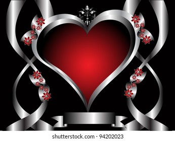 Un fondo vectorial de San Valentín con corazones plateados sobre un fondo rojo y negro profundo con   espacio para texto
