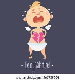 Vector Valentines card, banner,sticker with cute cartoon cupid boy with a heart for your design