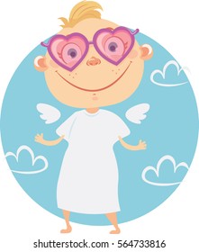 Vector Valentines card, banner,sticker with cute cartoon cupid boy with a heart for your design