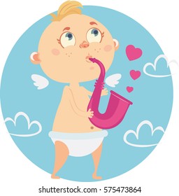 Vector Valentines card, banner,sticker with cute cartoon cupid boy with a heart for your design