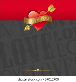 Vector Valentines card with Heart pierced by an arrow & belted a golden ribbon