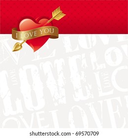 Vector Valentines card with Heart pierced by an arrow & belted a golden ribbon