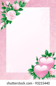 Vector valentines card. Hearts and pink roses on ornate background.