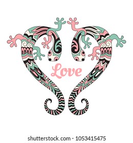 Vector Valentines card with love lizards. two lizards in the form of a heart.  Retro vintage style.