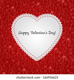 Vector Valentines Card with Paper Heart on Red Floral Background
