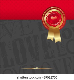 Vector Valentines card with sealing wax stamp, golden trim & ribbons