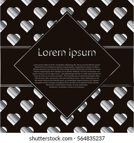 Vector valentines card. Silver hearts background with rhombus frame.