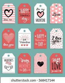 Vector Valentine's cards templates. Hand drawn February 14 gift tags, labels or posters. Vintage love lettering background. 