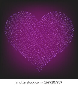 Vector Valentine's circuit board in heart shape. Multicolor technology illustration. 