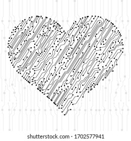 Vector Valentine's circuit board in heart shape. Multicolor technology illustration. Eps 10 vector.