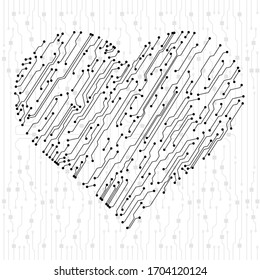 Vector Valentine's circuit board in heart shape. Multicolor technology illustration. Eps 10 vector.