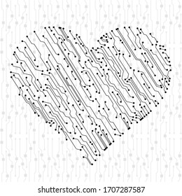 Vector Valentine's circuit board in heart shape. Multicolor technology illustration. Eps 10 vector.