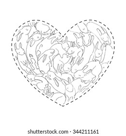 Vector valentines coloring-book with sketch rabbits