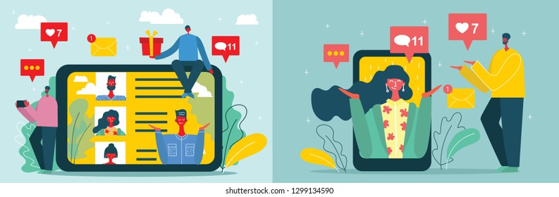 Vector Valentine's concept on online dating application in flat design. Male and female hands holding mobile phones with abstract dating app profile on display.