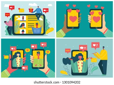 Vector Valentine's concept on online dating application in flat design. Male and female hands holding mobile phones with abstract dating app profile on display.